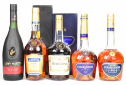 Five bottles of Cognac comprising Courvoisier x2, Hennessy, Martell and Rémy Martin Fine Champagne