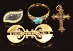 Victorian 15ct gold brooch (3g, 4cm), Edwardian cross pendant (Birmingham 1905, 0.8g), Victorian