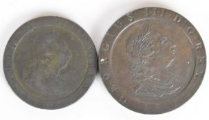 1797 George III cartwheel twopence together with a penny