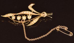 Edwardian 15ct gold brooch in the form of lily of the valley set with seed pearls, 4.4g, 5cm
