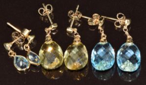 Three pairs of 9ct gold earrings, two pairs set with topaz and the other with citrine, 6.8g