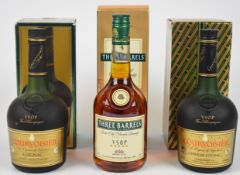 Three bottles of Cognac / Brandy comprising two Courvoisier VSOP 40% vol 68cl and Three Barrels