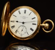 Dent 18ct gold keyless winding full hunter pocket watch with subsidiary seconds dial, blued hands,