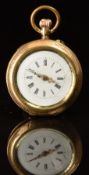 Unnamed 14ct gold keyless winding open faced pocket watch with gold hands, black Roman numerals,
