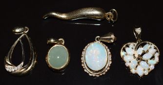 Five 9ct gold pendants including two opal, diamond, quartz and one in the form of a chilli, 7.1g