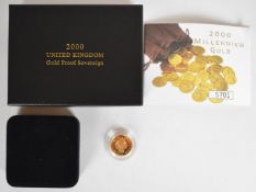 2000 Queen Elizabeth II Millennium proof gold full sovereign, in original Royal Mint case with