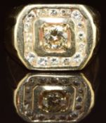 A 14k gold ring set with a round cut diamond of approximately 0.75ct surrounded by further diamonds,