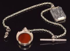 A 9ct rose gold Albert / watch chain with 9ct rose gold swivel fob set with agate and locket, 21.2g,