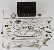 A collection of silver jewellery including fob watch, Victorian clasp, six rings, four bangles one