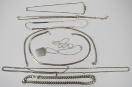 Eight silver necklaces including curb link, ribbon, etc