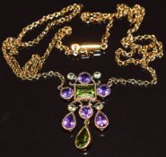 A 9ct gold necklace set with peridot and amethysts, 6.7g, 48cm