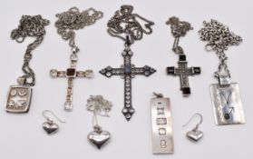 Five silver chains and pendants, silver ingot and matching silver pendant and earrings, 138g