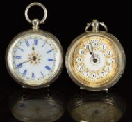 Two silver open faced pocket watches, both with ornately decorated dials and engraved cases, largest