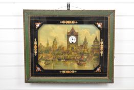 Black Forest musical picture clock with printed scene of a town, white enamel dial to the clock