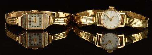 Two J W Benson 9ct gold ladies wristwatches, each with gold hands and silver dial, on gold plated