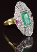 Art Deco 18ct gold ring set with an emerald cut emerald, transitional cut diamonds and trillion