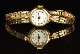Rotary 9ct gold ladies wristwatch with black hands and Roman numerals, white dial and 21 jewel