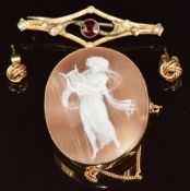 A 9ct gold brooch set with a garnet and seed pearls (2.1g), 9ct gold brooch set with a cameo