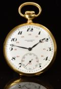 Zenith 18ct gold keyless winding open faced pocket watch with inset subsidiary seconds dial, blued