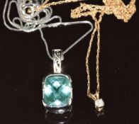 A 14k white gold pendant set with tourmaline, on 14k white gold chain (5.2g), and a 9ct gold pendant