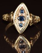 Victorian 18ct gold ring set with sapphires and diamonds in a marquise shaped setting, 4g, size Q/R