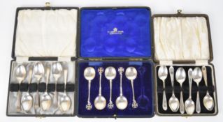 Three cased sets of hallmarked silver teaspoons comprising set of five with cross finials, Chester