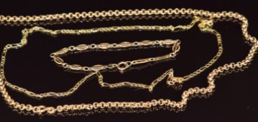 Two 9ct gold chains / necklaces (48 & 50cm) and a 9ct gold bracelet (16cm), 12.9g