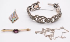 A silver bracelet set with marcasite, silver pendant set with opals, chain and brooch