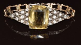 A 9ct gold bracelet set with a large cushion cut citrine and white sapphires, 32g, 16cm