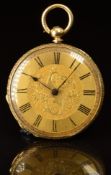 Fuller & Co 18ct gold open faced pocket watch with blued hands, black Roman numerals, engraved