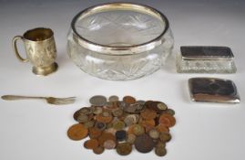 Hallmarked silver items including silver rimmed bowl, diameter 19.5cm, hallmarked silver cigarette