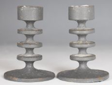 Robert Welch pair of retro mid century modern cast iron candlesticks with original label to base,