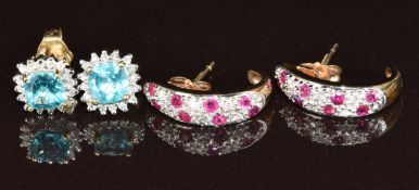 A pair of 14k gold earrings set with apatite surrounded by diamonds (1.7g) and a pair of 9ct gold