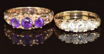 Two 9ct gold rings, one set with three round cut amethysts and the other five cubic zirconia, 4.
