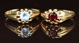 Two 9ct gold rings, one set with a garnet and the other paste, 4.4g, size R & W