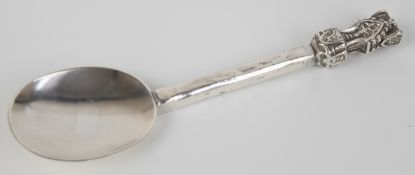 Likely continental silver spoon, with ancient architectural style finial having crests and figures