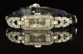 Oriosa Art Deco platinum ladies cocktail wristwatch with diamonds set to the case, blued hands,