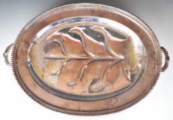 James Dixon & Sons Victorian silver plated meat platter with heated base, twin handles and four