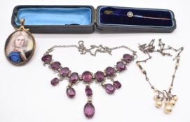 A 9ct gold stick pin set with a diamond (1.1g), Victorian yellow metal pendant set with a portrait