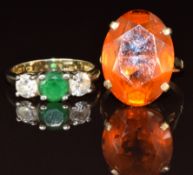 A 9ct gold ring set with paste and cubic zirconia (3g, size O), and a 9ct gold ring set with a