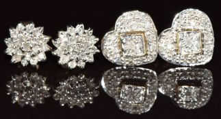 Two pairs of 9ct gold earrings, one pair set with diamonds in a cluster the other pair heart