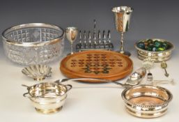 Silver plated items comprising cut glass bowl with plated rim, large soup ladle, twin handled bowl