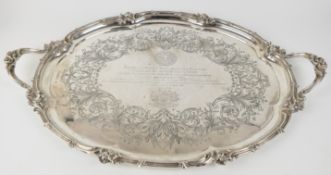 Victorian oval hallmarked silver large twin handled tray with floral and foliate rim, engraved