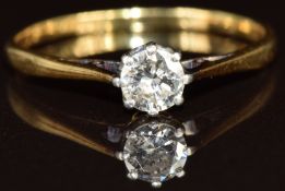 An 18ct gold ring set with a round cut diamond of approximately 0.3ct, 1.5g, size N/ O