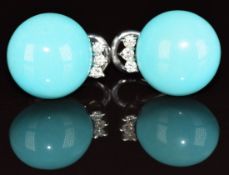 A pair of 18k white gold earrings set with faux turquoise and diamonds, maker AOR, 9g
