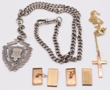 A silver Albert / watch chain, pair of 9ct gold cufflinks and 9ct gold cross and chain