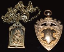A 9ct gold fob, 9ct gold chain (7.3g) and rolled gold St Christopher