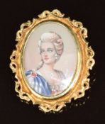 An 18ct gold brooch set with a portrait miniature of a young woman, 6.6g, 2.6 x 3.2cm