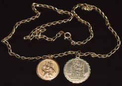 Two 9ct gold St Christopher pendants on 9ct gold chain, 10.1g, 50cm