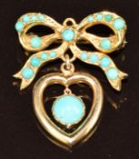 A 9ct gold bow brooch set with turquoise cabochons, and a heart drop section set with a further